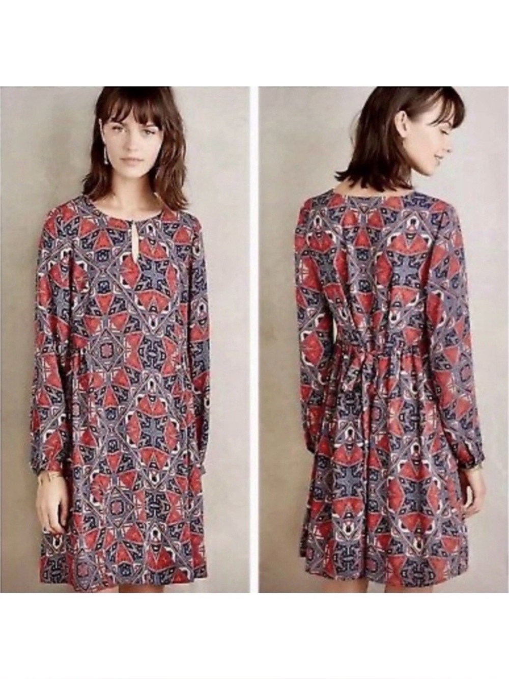 Anthropologie Paper Crown Handkerchief Print Dress Small Boho Long Sleeve Dress